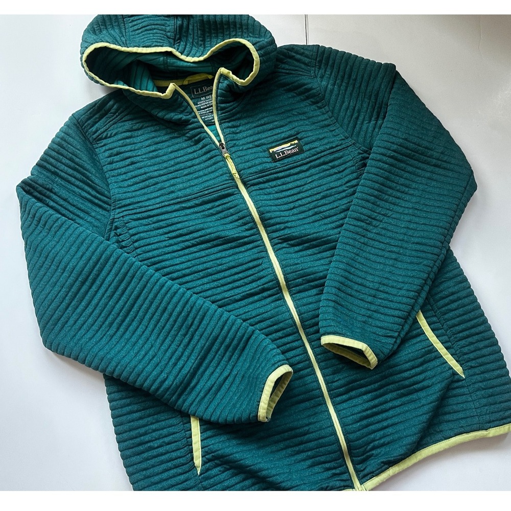 LL‎ Bean Womens Ribbed Full Zip Hoodie Jacket Teal Green Lime Trim 507507 Medium